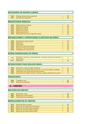 INCISIONES EN REGIÓN LUMBAR

  9120   Drenaje absceso renal o perirrenal                                             10
  9121   Lumbotomía exploradora                                                         10

RESECCIONES RENALES

  9140   Diverticulectomía calicial                                                     13
  9141   Nefrectomía parcial                                                            13
  9143   Nefrectomía radical                                                            13
  9144   Nefrectomía simple                                                             11
  9145   Nefrourecterectomía                                                            12
  9146   Nefroureterectomía con segmento vesical                                        13

REPARACIONES Y OPERACIONES PLÁSTICAS EN RIÑON

  9160   Anastomosis uretero calicial                                                   13
  9162   Nefrorrafia                                                                     9
  9163   Pieloplastia                                                                   13
  9164   Resección fístula reno-cutánea                                                 12
  9165   Resección fístula reno-viseral                                                 13
  9166   Pieloplastia por reintervención                                                13

OTRAS OPERACIONES EN RIÑON

         Aspiración, resección o marsupialización, de quiste e inyección esclerosante
  9170                                                                                  7
         (pecutánea)
  9171   Nefropexia                                                                     10

OPERACIONES PARA DIÁLISIS RENAL

  9180   Colocación o retiro de cateter peritoneal                                       9
  9183   Construcción de fístula arteriovenosa con o sin injerto sintético o autólogo   13
  9184   Implantación de cánula arteriovenosa (Scribner)                                 8
  9185   Implantación de cáteter subclavio, femoral, yugular o peritoneal por punción    7

TRASPLANTE

  9190   Trasplante renal                                                               23
  9191   Nefrectomía (donante)                                                          20


 2. URETER
INCISIÓN EN URETER

  9201   Exploración ureter                                                             10
  9202   Meatotomía ureteral abierta                                                    10
  9203   Ureterolitotomía (vía abierta)                                                 12

RESECCIONES EN EL URETER

  9210   Diverticulectomía ureteral                                                     12
  9212   Resección de ureterocele (transuretral)                                         9
  9213   Resección de ureterocele (vía abierta)                                         12
  9214   Resección de fístula urétero-cutánea                                           12
  9215   Resección de fístula urétero-viseral                                           12
 