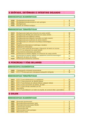 3 ESÓFAGO, ESTÓMAGO E INTESTINO DELGADO
ENDOSCOPIAS DIAGNÓSTICAS

 18300   Esofagogastroduodenoscopia                                                       6
 18301   Esofagogastroduodenoscopia en acto quirúrgico                                    7
 18302   Esofagoscopia                                                                    5
 18303   Estudio de motilidad esofágica                                                   9

ENDOSCOPIAS TERAPÉUTICAS

 18310   Esofagoscopia rigida para extracción de cuerpo extraño                           10
 18311   Esofagoscopia flexible para extracción de cuerpo extraño                          9
 18312   Esofagoscopia para dilatación (sesión)                                            6
 18313   Esofagoscopia para dilatación neumática con balón (sesión)                        7
 18314   Esofagoscopia para esclerosis de várices (sesión)                                 7
 18315   Esofagoscopia con colocación de prótesis endoesofágica
                         para control de hemorragia o para fulguración de lesión de        7
 18316   mucosa                                                                            8
 18317   Papilotomía endoscópica en estómago o duodeno                                    11
 18318   Gastrotomía endoscópica                                                           8
 18319   E G D C para control de hemorragia o fulguración de lesión en mucosa              8
 18320   E G D C con extracción de cuerpo extraño                                          7
 18321   Yeyunostomía endoscópica percutánea                                              10
 18322   Endoscopia de intestino delgado con extracción de cuerpo extraño                 10
         Endoscopia de intestino delgado con papilotomía control de hemorragia o
 18323                                                                                    11
         fulguración de lesión de mucosa
 18324   Endoscopia de ileostomía continente                                              10


4 PÁNCREAS Y VÍAS BILIARES
ENDOSCOPIA DIAGNÓSTICA

 18400   Colangiografía retrógrada transduodenal                                           9
 18401   E R C P Endoscopia para colangiopancreatografía retrógrada                       10

ENDOSCOPIAS TERAPÉUTICAS

 18410   E R C P para esfinterotomía y/o papilotomía                                      11
 18411   E R C P para extracción de cálculos biliares                                     12
 18412   E R C P para litotripsia de cálculos biliares cualquier método                   12
 18413   E R C P para manometría de esfinter, de Oddi                                     12
 18414   E R C P para drenaje nasobiliar (sin Kit) Stent, en conducto biliar o
                      colocación o reinserción, de                                        12
 18415   pancreática                                                                      13
 18416   E R C P para dilatación con balón de ampolla, de conducto biliar o pancreático   13


5 COLON
ENDOSCOPIAS DIAGNÓSTICAS

 18500   Anoscopia (proctoscopia)                                                          3
 18501   Rectosigmoidoscopia-equipo rígido                                                 5
 18502   Rectosigmoidoscopia-equipo flexible                                               6
 18503   Colonoscopia izquierda                                                            8
 18504   Colonoscopia total                                                               10
 18505   Colonoscopia en acto quirúrgico                                                  11
 18506   Manometría rectal                                                                 9
 