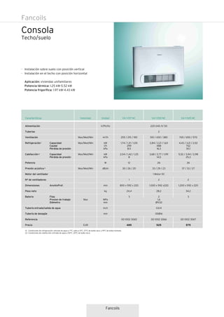 Fancoils
Fancoils
Características
Alimentación
Tuberías
Ventilación
Refrigeración 1 Capacidad
Caudal
Pérdida de presión
Calefacción 2 Capacidad
Pérdida de presión
Potencia
Presión acústica 3
Motor del ventilador
Nº de ventiladores
Dimensiones AnxAlxProf.
Peso neto
Bateria Filas
Presion de trabajo
Diámetro
Tubería entrada/salida de agua
Tubería de desagüe
Referencia
Precio
Velocidad
Max/Med/Min
Max/Med/Min
Max/Med/Min
Max/Med/Min
Max
EUR
VA 1-045 NCVA 1-017 NC VA 1-030 NCUnidad
V/Ph/Hz
m3/h
kW
l/h
kPa
kW
kPa
W
dB(A)
mm
kg
MPa
mm
Inch
mm
255 / 215 / 190
1,74 / 1,31 / 1,05
299
8,5
2,04 / 1,42 / 1,25
8
12
30 / 26 / 20
1
800 x 592 x 220
24,4
3
00 1002 3065
485
220-240 /1/ 50
2
510 / 430 / 380
2,84 / 2,21 / 1,63
488
16,3
3,68 / 2,77 / 1,99
14,5
26
33 / 29 / 23
1 Motor DC
2
1.000 x 592 x220
28,2
2
1,6
Ø9,52
G3/4
ODØ16
00 1002 3066
525
765 / 650 / 570
4,43 / 3,21 / 2,52
762
30,1
5,52 / 3,94 / 2,98
25,3
26
37 / 33 / 27
2
1.200 x 592 x 220
34,2
3
00 1002 3067
575
Consola
· Instalación sobre suelo con posición vertical
· Instalación en el techo con posición horizontal
Aplicación: viviendas unifamiliares
Potencia térmica: 1.25 kW-5.52 kW
Potencia frigorífica: 1.97 kW-4.43 kW
(1) Condiciones de refrigeración: entrada de agua a 7°C, salto a 5°C. 27°C de bulbo seco y 19°C de bulbo húmedo.
(2) Condiciones de calefacción: entrada de agua a 50°C. 20°C de bulbo seco.
Techo/suelo
 