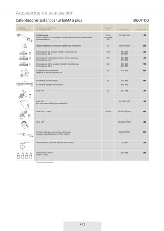 ACS
Accesorios de evacuación
Calentadores estancos turboMAG plus
Referencia Precio EUR
35
20
30
40
95
80
90
30
30
60
35
80
25
25
60/100
Concéntricos
Sólo aparatos estancos
No condensación
00 2020 1156
00 2019 9393
303 832
303 801
303 833
303 802
303 834
303 803
303 805
303 830
303 800
303 808
00 2020 1157
00 2020 9569
00 2020 9568
00 2018 8793
303 821
303 824
Kit horizontal
(tubo, codo 90º con tomas para análisis de combustión, abrazaderas,
embellecedores)
Salida realzada con puntos para análisis de combustión
Prolongación 0,5 (aislada) Hasta fin de existencias
Prolongación 0,5 m
Prolongación 1,0 m (aislada) Hasta fin de existencias
Prolongación 1,0 m
Prolongación 2,0 m (aislada) Hasta fin de existencias
Prolongación 2,0 m
Accesorio anticondensados
(Reduce la distancia total 1,5 m)
Kit vertical aislado (negro)
Kit vertical de 1.285 mm (negro)*
Codo 90°
Codo 90°
Con toma para análisis de combustión
Codo 45° (2 Uds.)
Codo 30°
Kit horizontal para evacuación a chimenea
(no para turboMAG ni turboTEC exclusiv)
Abrazadera de sujección a pared Ø100 (5 Uds.)
Abrazadera exterior
Ø 100 (4 Uds.)
Longitud
(m)
2,0 m
con codo
90º
0,1
0,5
1,0
2,0
1,5
1,0
1,0
0,5/ud.
Ø60/100
(*) Hasta fin de existencias.
 