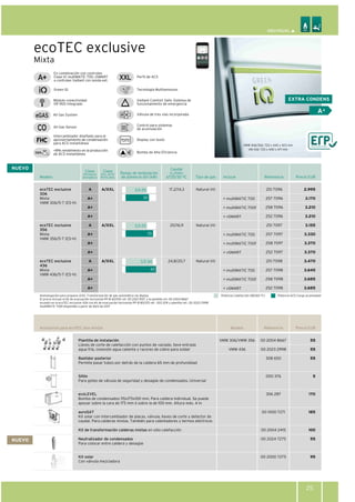 ecoTEC exclusive
Green IQ
Control para sistemas
de acumulación
Válvula de tres vías incorporada
Intercambiador diseñado para el
aprovechamiento de condensación
para ACS instantánea
+8% rendimiento en la producción
de ACS instantánea
Display con texto
Bomba de Alta Eficiencia
Módulo conectividad
VR 900 integrado
Mixta
All Gas System
Tecnología Multisensores
Vaillant Comfort Safe: Sistema de
funcionamiento de emergencia
All Gas Sensor
Modelo Precio EUR
ecoTEC exclusive
306
Mixta
VMW 306/5-7 (ES-H)
ecoTEC exclusive
356
Mixta
VMW 356/5-7 (ES-H)
ecoTEC exclusive
436
Mixta
VMW 436/5-7 (ES-H)
Referencia
251 7096
257 7096
258 7096
252 7096
251 7097
257 7097
258 7097
252 7097
251 7098
257 7098
258 7098
252 7098
2.995
3.170
3.210
3.210
3.155
3.330
3.370
3.370
3.470
3.645
3.685
3.685
25
NUEVO
Rango de modulación
de potencia útil (kW)
30
3,5-25
35
3,5-25
43
3,5-34
VMW 306/356: 720 x 440 x 403 mm
VM 436: 720 x 440 x 471 mm
EXTRA CONDENS
Caudal
(L/min)
∆T25/30 ºC
17,2/14,3
20/16,9
24,8/20,7
Tipo de gas
Natural (H)
Natural (H)
Natural (H)
Incluye
+ multiMATIC 700
+ multiMATIC 700f
+ vSMART
+ multiMATIC 700
+ multiMATIC 700f
+ vSMART
+ multiMATIC 700
+ multiMATIC 700f
+ vSMART
A+
En combinación con controles
Clase VI: multiMATIC 700, vSMART
o controles Vaillant con sonda ext.
Perfil de ACS
Clase
Eficiencia
energética
A
A+
A+
A+
A
A+
A+
A+
A
A+
A+
A+
A/XXL
A/XXL
A/XXL
Clase
Efic. ACS/
Perfil dem.
Homologación para propano (G31). Transformación de gas automática vía display
El precio incluye el kit de evacuación horizontal PP Ø 60/100 ref. 00 2021 9517 y la plantilla ref. 00 2004 8667
excepto en la ecoTEC exclusive 436 con kit de evacuación horizontal PP Ø 80/125 ref.: 303 209 y plantilla ref.: 00 2023 2998
multiMATIC 700f disponible a partir de Abril de 2017
Potencia Calefacción (80/60 ºC) Potencia ACS Carga acumulador
Referencia Precio EUR
00 2004 8667
00 2023 2998
308 650
000 376
306 287
00 1000 7271
00 2004 2415
00 2024 7275
00 2000 7275
55
55
55
5
170
185
100
55
95
Accesorios para ecoTEC plus mixtas
Plantilla de instalación
Llaves de corte de calefacción con puntos de vaciado, llave entrada
agua fría, conexión agua caliente y racores de cobre para soldar
Bastidor posterior
Permite pasar tubos por detrás de la caldera 65 mm de profundidad
Sifón
Para goteo de válvula de seguridad y desagüe de condensados. Universal
ecoLEVEL
Bomba de condensados 115x175x100 mm. Para caldera individual. Se puede
apoyar sobre la cara de 175 mm ó sobre la de 100 mm. Altura máx. 4 m
auroSAT
Kit solar con intercambiador de placas, válvula, llaves de corte y detector de
caudal. Para calderas mixtas. También para calentadores y termos eléctricos
Kit de transformación calderas mixtas en sólo calefacción
Neutralizador de condensados
Para colocar entre caldera y desagüe
Kit solar
Con válvula mezcladora
NUEVO
Modelo
VMW 306/VMW 356
VMW 436
 