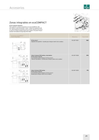 29
Accesorios
Referencia Precio EUR
00 2017 0507
00 2017 0508
00 2017 0509
535
370
175
Accesorios ecoCOMPACT
Zonas integrables
Kit de zona 1:
Depósito de equilibrio + bomba para integrar dentro de la caldera
Zona 2 mezcla CON bomba y mezcladora
Kit de zona 2 mezcla:
(Es necesario poner siempre el Kit de zona 1)
Válvula mezcladora + bomba para integrar dentro de la caldera
Zona 2 directo CON bomba
Kit de zona 2 directo:
(Es necesario poner siempre el Kit de zona 1)
Bomba para integrar dentro de la caldera
Zonas integrables en ecoCOMPACT
Kit de conexión hidráulica
Para conectar 2 zonas es necesario el uso de multiMATIC 700
(en caldera o como termostato 1 zona) + módulo de ampliación VR
70 + opcionalmente termostato control remoto segunda zona VR 91.
El VR 70 se integra también dentro de la caldera. Se puede integrar
también termostato de seguridad VRC 9642.
 