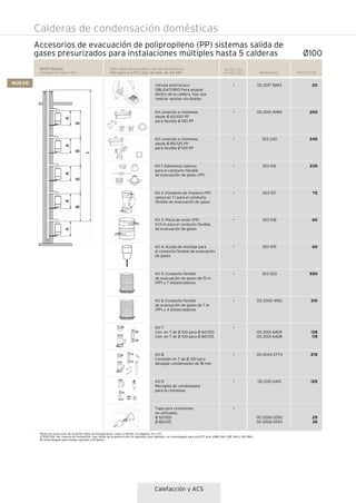 Calefacción y ACS
Calderas de condensación domésticas
Accesorios de evacuación de polipropileno (PP) sistemas salida de
gases presurizados para instalaciones múltiples hasta 5 calderas
Referencia Precio EUR
20
200
245
235
75
60
60
550
310
135
115
215
125
25
35
Ø100 flexible
Instalación tipo C43x
Sólo calderas murales y de pie domésticas
(NO para ecoTEC plus de más de 34 kW)
00 2017 5893
00 2001 4989
303 240
303 516
303 517
303 518
303 519
303 520
00 2000 4961
00 2001 6409
00 2001 6408
00 2004 2774
00 2001 6412
00 2006 0592
00 2006 0593
Válvula antirrevoco.
OBLIGATORIO Para acoplar
dentro de la caldera. Hay que
realizar ajustes vía display
Kit conexión a chimenea
desde Ø 60/100 PP
para flexible Ø 100 PP
Kit conexión a chimenea
desde Ø 80/125 PP
para flexible Ø 100 PP
Kit 1: Elementos básicos
para el conducto flexible
de evacuación de gases (PP)
Kit 2: Elemento de limpieza (PP)
(pieza en T) para el conducto
flexible de evacuación de gases
Kit 3: Pieza de unión (PP)
0,13 m para el conducto flexible
de evacuación de gases
Kit 4: Ayuda de montaje para
el conducto flexible de evacuación
de gases
Kit 5: Conducto flexible
de evacuación de gases de 15 m
(PP) y 7 distanciadores
Kit 6: Conducto flexible
de evacuación de gases de 7 m
(PP) y 4 distanciadores
Kit 7:
Con. en T de Ø 100 para Ø 60/100
Con. en T de Ø 100 para Ø 80/125
Kit 8:
Conexión en T de Ø 100 para
desagüe condensados de 18 mm
Kit 9:
Recogida de condensados
para la chimenea
Tapa para conexiones
no utilizadas
Ø 60/100
Ø 80/125
ecoTEC pro
ecoTEC plus
•
•
•
•
•
•
•
•
•
•
•
•
•
Ø100
Resto de accesorios de la parte rígida, prolongaciones, codos y demás, en páginas 34 y 35.
ATENCION: Ver manual de Instalación. Hay límite de la potencia de los aparatos (por ejemplo, no homologado para ecoTEC plus VMW 346, VMI 346 y VM 386).
No homologado para ningún aparato a Propano.
NUEVO
 