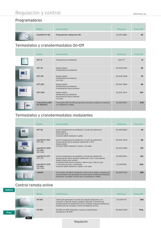 Regulación
Características Referencia Precio EURModelo
timeSWITCH 150 00 2011 6882 35
Programadores
Regulación y control
Programación calefacción 24h
Características Referencia Precio EURModelo
VRT 15
VRT 35
VRT 35f
VRT 250
VRT 250f
306 777
00 2015 9365
00 2015 9368
00 2017 0569
00 2017 0574
15
30
75
65
100
Termostatos y cronotermostatos On-Off
Temperatura de ambiente
Display digital
Temperatura de ambiente"
Display digital
Temperatura de ambiente
Vía radio
Display digital
Temperatura de ambiente
Programación diario-semanal
Display digital
Temperatura de ambiente
Programación diario-semanal
Vía radio
Características Referencia Precio EURModelo
Termostatos y cronotermostatos modulantes
VRT 50
calorMATIC 350
VRT 350
calorMATIC 350f
vía radio
VRT 350f
calorMATIC 370
VRT 370
calorMATIC 370f
vía radio
VRT 370f
00 2001 8265
00 2012 4478
00 2012 4485
00 2010 8144
00 2010 8151
40
85
175
140
245
Control temperatura de ambiente 1 circuito de calefacción
Displa digital
Activación ACS
Conexión eBUS mediante 2 cables
Control temperatura de ambiente 1 circuito de calefacción
Programación diario-semanal calefacción y ACS
Display digital
Conexión eBUS mediante 2 cables o vía radio
Control temperatura de ambiente 1 circuito de calefacción
Programación diario-semanal calefacción, ACS y recirculación
Display digital gran tamaño
Funciones útiles para el usuario: 1 día en casa / días en casa
/ 1 día fuera de casa / vacaciones
Conexión eBUS mediante 2 cables o vía radio
Características Referencia Precio EURModelo
Control remoto online
VR 900
VR 920
00 2019 7117
00 2025 2924
260
Próx.
Control del generador a través de cualquier dispositivo con
conexión a internet, desde cualquier ubicación. Funciones de
monitorización de temperatura de la vivienda, modo de calefacción,
modificación de consigna, control de depósito de ACS.
VR 900 con WiFi integrado y nuevas características.
(Sustituirá a VR 900)
NUEVO
vSMART 00 2019 7223 290Termostato wifi eBUS modulante. Control de la caldera y gestión del
funcionamiento más apropiado en función de las condiciones climáticas
exteriores, accesible a través de un smartphone o tablet.
conectaVAILLANT
(by Netatmo)
00 2021 1875 275Termostato WIFI On-Off que permite controlar la caldera a través de
un smatphone o tablet.
Próx.
WIFI
 