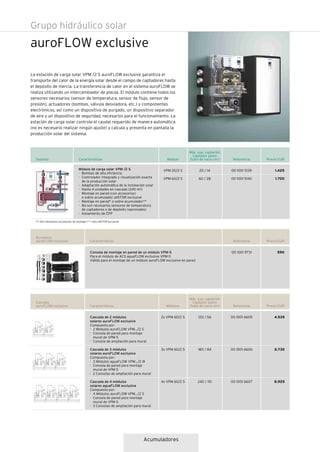Acumuladores
auroFLOW exclusive
Grupo hidráulico solar
La estación de carga solar VPM /2 S auroFLOW exclusive garantiza el
transporte del calor de la energía solar desde el campo de captadores hasta
el depósito de inercia. La transferencia de calor en el sistema auroFLOW se
realiza utilizando un intercambiador de placas. El módulo contiene todos los
sensores necesarios (sensor de temperatura, sensor de flujo, sensor de
presión), actuadores (bombas, válvula desviadora, etc.) y componentes
electrónicos, así como un dispositivo de purgado, un dispositivo separador
de aire y un dispositivo de seguridad, necesarios para el funcionamiento. La
estación de carga solar controla el caudal requerido de manera automática
(no es necesario realizar ningún ajuste) y calcula y presenta en pantalla la
producción solar del sistema.
Sistema Referencia Precio EURMódulo
Máx. sup. captación
Captador plano
/tubo de vacío (m2)
00 1001 5139
00 1001 5140
1.425
1.700
20 / 14
60 / 28
VPM 20/2 S
VPM 60/2 S
(*) Son necesarios accesorios de montaje (**) sólo allSTOR exclusive
Características
Módulo de carga solar VPM /2 S
· Bombas de alta eficiencia
· Controlador integrado y visualización exacta
de la producción solar
· Adaptación automática de la instalación solar
· Hasta 4 unidades en cascada (240 m2)
· Montaje en pared (con accesorios)
o sobre acumulador allSTOR exclusive
· Montaje en pared* o sobre acumulador**
· No son necesarios sensores de temperatura
de captadores o de depósito (opcionales)
· Aislamiento de EPP
Referencia Precio EUR
4.535
6.730
8.925
Cascada
auroFLOW exclusive Características
00 1001 6605
00 1001 6606
00 1001 6607
Cascada de 2 módulos
solares auroFLOW exclusive
Compuesta por:
· 2 Módulos auroFLOW VPM…/2 S
· Consola de pared para montaje
mural de VPM-S
· Consola de ampliación para mural
Cascada de 3 módulos
solares auroFLOW exclusive
Compuesta por:
· 3 Módulos aguaFLOW VPM…/2 W
· Consola de pared para montaje
mural de VPM-S
· 2 Consolas de ampliación para mural
Cascada de 4 módulos
solares aguaFLOW exclusive
Compuesta por:
· 4 Módulos auroFLOW VPM…/2 S
· Consola de pared para montaje
mural de VPM-S
· 3 Consolas de ampliación para mural
Módulos
2x VPM 60/2 S
3x VPM 60/2 S
4x VPM 60/2 S
Máx. sup. captación
Captador plano
/tubo de vacío (m2)
120 / 56
180 / 84
240 / 110
Referencia Precio EUR
590
Accesorio
auroFLOW exclusive Características
00 1001 9731Consola de montaje en pared de un módulo VPM-S
Para el módulo de ACS aguaFLOW exclusive VPM-S
Válido para el montaje de un módulo auroFLOW exclusive en pared
 