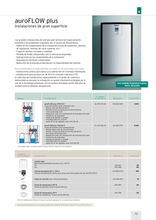 auroFLOW plus
Las grandes instalaciones de energía solar térmica son especialmente
sensibles a los problemas originados por el exceso de temperatura:
· Daños en los componentes de la instalación (vasos de expansión, válvulas
de regulación, válvulas de corte, tuberías, etc.)
· Fugas en uniones roscadas y soldadas
· Pérdida de fluido caloportador por la válvula de seguridad
· Sobrepresión en los componentes de la instalación
· Degradación del fluido caloportador
· Reducción de la energía producida por no disponibilidad del sistema
Esta problemática es especialmente acusada en dos tipologías concretas:
· Instalaciones solares para apoyo a la calefacción en viviendas individuales
· Instalaciones para producción de ACS en vivienda colectiva (CTE)
En este tipo de instalaciones, especialmente si el grado de cobertura
demandado es elevado, la instalación no queda totalmente protegida sin el
uso de la tecnología drainback. Con el sistema drainback auroFLOW plus de
Vaillant estos problemas desaparecen.
Instalaciones de gran superficie
Sistema Referencia Precio EUR
nº máximo
de captadores
00 1001 3145
00 1001 5710
1.530
2.140
6x VFK 135 VD
12x VFK 135 VD
(*) Se pueden realizar cascadas de hasta 4 módulos VPM 30 D (hasta 120 m2 de captadores)
Características
auroFLOW plus VPM 15 D
Grupo de bombeo solar compuesto por:
· Bomba solar de alta eficiencia
· Bomba circuito acumulación de alta eficiencia
· Vaso de drenaje solar
· Regulación solar con visualización de la producción solar
· Elementos de seguridad
· Sistema de llenado y vaciado
· 750/450/340 mm (H/A/P)
· Hasta 15 m2 de captador solar VFK 135 VD
auroFLOW plus VPM 30 D
Grupo de bombeo solar compuesto por:
· Bomba doble solar de alta eficiencia
· Bomba circuito acumulación de alta eficiencia
· Dos vasos de drenaje solar
· Regulación solar con visualización de la producción solar
· Elementos de seguridad
· Sistema de llenado y vaciado
· 750/900/340 mm (H/A/P)
· Hasta 30 m2 de captador solar VFK 135 VD*
Referencia Precio EUR
45
90
185
15
20
20
Accesorios
auroFLOW plus Características
302 363
302 498
00 2019 4703
00 2016 0611
306 787
306 788
Líquido solar
Mezcla anticongelante lista para usar (-28 ºC)
10 l
20 l
Válvula desviadora Rp 1", 230 V
Válvula estratificación activa para carga zona ACS/calefacción del allSTOR VPS/3
Cable de conexión para válvula desviadora
Sonda de temperatura VR 10
Sonda de depósito T6 para auroFLOW plus
Sonda de temperatura VR 11
Sonda de captadores T5 para auroFLOW plus
SIN SOBRETEMPERATURAS
100% SEGURO
Para dimensionamiento y configuración del sistema consultar la guía "PLI auroflow plus"
NOTA: los módulos auroFLOW plus no incluyen la sonda de captadores T5. Ver acceosrios auroFLOW plus
73
 