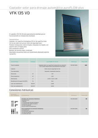 Referencia Precio EURCaracterísticas
Tipo de captador
Cubierta
Tipo absorbedor
Área bruta
Área de apertura
Dimensiones
Rendimiento h0 (según EN 12975)
Coef. de rendimiento K1
Coef. de rendimiento K2
00 1001 0206 600Captador plano con superficie de absorción en serpentín
con 4 tomas especial para funcionamiento drain-back.
Vidrio solar de seguridad 3,2 mm
Serpentín, tratamiento selectivo
2,51
2,35
2,033 x 1,233 x 0,08
81,4
2,645
0,033
Unidades
m2
m2
m
%
W/m2K
W/m2K2
auroTHERM VFK 135 VD
Captador solar para drenaje automático auroFLOW plus
El captador VFK 135 VD está especialmente diseñado para el
funcionamiento en instalaciones drainback.
Características
Captador con superficie homogénea 2,51 m2 de superficie total
3,2 mm de vidrio estructural (vidrio de seguridad solar)
Posibles instalaciones: sobre el tejado, integrada en el tejado y en
soporte sobre el tejado plano
Para instalación vertical
Bastidor de aluminio negro, anodizado
Absorbedor de aluminio-cobre con recubrimiento altamente selectivo
(serpentín)
VFK 135 VD
Kit básico de conexiones hidráulicas
Compuesto por:
2 tapones
1x conexión 90º entrada de batería
1x conexión 90º salida de batería
4x clips de sujeción
Incluye sonda de temperatura
Kit de ampliación de conexiones hidráulicas
Compuesto por:
2x conexiones hidráulicas
4x clips de sujeción
2x uniones de carril
Referencia Precio EUR
85
40
Accesorios
para captadores Características
00 2016 5253
00 2016 5255
Conexiones hidráulicas
 