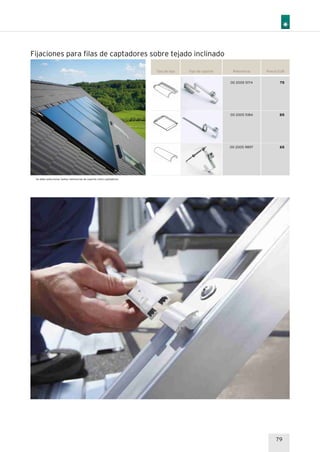 Tipo de soporte Referencia Precio EUR
75
85
65
00 2005 5174
00 2005 5184
00 2005 9897
Fijaciones para filas de captadores sobre tejado inclinado
Se debe seleccionar tantas referencias de soporte como captadores.
Tipo de teja
79
 