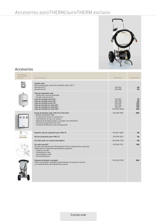 Referencia Precio EUR
45
90
75
85
125
160
315
435
490
45
30
95
185
930
Accesorios
auroTHERM
exclusiv Características
302 363
302 498
302 097
302 098
302 428
302 496
302 497
00 2002 0655
00 2019 3190
00 2017 3592
00 2019 3231
00 2000 7275
00 1000 7271
00 2014 5705
Líquido solar
Mezcla preparada, protección antihielo hasta -28 ºC
Garrafa de 10 l
Garrafa de 20 l
Vaso de expansión solar
· Válido para mezclas glicoladas
· Presión máxima 10 bar
Vaso de montaje mural 18 l
Vaso de montaje mural 25 l
Vaso de montaje mural 35 l
Vaso de montaje en suelo 50 l
Vaso de montaje en suelo 80 l
Vaso de montaje en suelo 100 l
Grupo de bombeo solar VMS 70 (1-25 l/min)
· Bomba modulante PWM
· 2 válvulas de corte con antiretorno
· Termómetros en ida y en retorno
· Sistema de llenado/vaciado y purgado con manómetro
· Válvula de seguridad solar 6 bar
· Conexión flexible para vaso de expansión
Soporte vaso de expansión para VMS 70
Set de conexiones para VMS 70
Kit solar solar con válvula mezcladora
Kit solar auroSAT
Kit solar para generación distribuida de ACS en instalaciones colectivas.
Válido para los siguientes generadores auxiliares:
· Calderas murales
· Calentadores a gas
· Acumuladores a gas
· Termos eléctricos
Sistema de llenado y purgado
Centro de llenado y purgado profesional para la puesta en marcha
y el mantenimiento de instalaciones solares
Accesorios
Accesorios auroTHERM/auroTHERM exclusiv
Energía solar
 