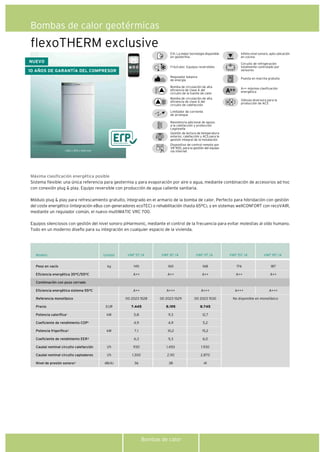 Bombas de calor
Bombas de calor geotérmicas
flexoTHERM exclusive
Máxima clasificación energética posible
Sistema flexible: una única referencia para geotermia y para evaporación por aire o agua, mediante combinación de accesorios ad hoc
con conexión plug & play. Equipo reversible con producción de agua caliente sanitaria.
Módulo plug & play para refrescamiento gratuito, integrado en el armario de la bomba de calor. Perfecto para hibridación con gestión
del coste energético (integración eBus con generadores ecoTEC) o rehabilitación (hasta 65ºC), y en sistemas wellCONFORT con recoVAIR,
mediante un regulador común, el nuevo multiMATIC VRC 700.
Equipos silenciosos con gestión del nivel sonoro piHarmonic, mediante el control de la frecuencia para evitar molestias al oído humano.
Todo en un moderno diseño para su integración en cualquier espacio de la vivienda.
Infimo nivel sonoro, apto ubicación
en cocina
Bomba de circulación de alta
eficiencia de clase A del
circuito de calefacción
Regulador balance
de energía
Limitador de corriente
de arranque
Bomba de circulación de alta
eficiencia de clase A del
circuito de la fuente de calor
Resistencia adicional de apoyo
a la calefacción y protección
Legionella
Gestión de lectura de temperatura
exterior, calefacción y ACS para la
gestión integral de la instalación
Dispositivo de control remoto por
VR 900, para la gestión del equipo
vía internet
Válvula diversora para la
producción de ACS
Circuito de refrigeración
totalmente controlado por
sensores
Puesta en marcha gratuita
A++ máxima clasificación
energética
EVI. La mejor tecnología disponible
en geotermia
Frío/calor. Equipos reversibles
1.183 x 595 x 600 mm
10 AÑOS DE GARANTÍA DEL COMPRESOR
Modelo VWF 197 /4VWF 117 /4 VWF 157 /4Unidad VWF 57 /4 VWF 87 /4
kg
EUR
kW
kW
l/h
l/h
dB(A)
Peso en vacío
Eficiencia energética 35ºC/55ºC
Combinación con pozo cerrado
Eficiencia energética sistema 55ºC
Referencia monofásico
Precio
Potencia calorífica1
Coeficiente de rendimiento COP1
Potencia frigorífica2
Coeficiente de rendimiento EER2
Caudal nominal circuito calefacción
Caudal nominal circuito captadores
Nivel de presión sonora3
145
A++
A++
00 2023 1528
7.445
5,8
4,9
7,1
6,3
930
1.300
36
160
A++
A+++
00 2023 1529
8.195
9,3
4,9
10,2
5,3
1.450
2.110
38
168
A++
A+++
00 2023 1530
8.745
12,7
5,2
15,2
6,0
1.930
2.870
41
176
A++
A+++
187
A++
A+++
No disponible en monofásico
NUEVO
 