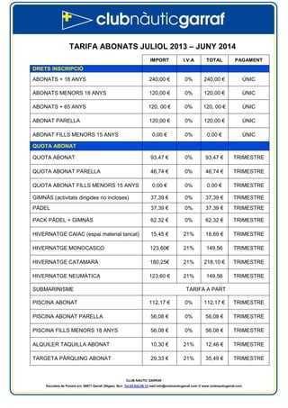 CLUB NÀUTIC GARRAF
Escullera de Ponent s/n. 08871 Garraf (Sitges). Bcn. Tel:93.632.00.13 mail:info@clubnauticgarraf.com /// www.clubnauticgarraf.com
TARIFA ABONATS JULIOL 2013 – JUNY 2014
IMPORT I.V.A TOTAL PAGAMENT
DRETS INSCRIPCIÓ
ABONATS + 18 ANYS 240,00 € 0% 240,00 € ÚNIC
ABONATS MENORS 18 ANYS 120,00 € 0% 120,00 € ÚNIC
ABONATS + 65 ANYS 120, 00 € 0% 120, 00 € ÚNIC
ABONAT PARELLA 120,00 € 0% 120,00 € ÚNIC
ABONAT FILLS MENORS 15 ANYS 0,00 € 0% 0,00 € ÚNIC
QUOTA ABONAT
QUOTA ABONAT 93,47 € 0% 93,47 € TRIMESTRE
QUOTA ABONAT PARELLA 46,74 € 0% 46,74 € TRIMESTRE
QUOTA ABONAT FILLS MENORS 15 ANYS 0,00 € 0% 0,00 € TRIMESTRE
GIMNÀS (activitats dirigides no incloses) 37,39 € 0% 37,39 € TRIMESTRE
PÀDEL 37,39 € 0% 37,39 € TRIMESTRE
PACK PÀDEL + GIMNÀS 62,32 € 0% 62,32 € TRIMESTRE
HIVERNATGE CAIAC (espai material tancat) 15,45 € 21% 18,69 € TRIMESTRE
HIVERNATGE MONOCASCO 123,60€ 21% 149,56 TRIMESTRE
HIVERNATGE CATAMARÀ 180,25€ 21% 218,10 € TRIMESTRE
HIVERNATGE NEUMÀTICA 123,60 € 21% 149,56 TRIMESTRE
SUBMARINISME TARIFA A PART
PISCINA ABONAT 112,17 € 0% 112,17 € TRIMESTRE
PISCINA ABONAT PARELLA 56,08 € 0% 56,08 € TRIMESTRE
PISCINA FILLS MENORS 18 ANYS 56,08 € 0% 56,08 € TRIMESTRE
ALQUILER TAQUILLA ABONAT 10,30 € 21% 12,46 € TRIMESTRE
TARGETA PÀRQUING ABONAT 29,33 € 21% 35,49 € TRIMESTRE
 
