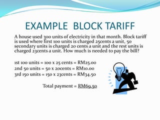 EXAMPLE  BLOCK TARIFFA house used 300 units of electricity in that month. Block tariff is used where first 100 units is charged 25cents a unit, 50 secondary units is charged 20 cents a unit and the rest units is charged 23cents a unit. How much is needed to pay the bill?	1st 100 units = 100 x 25 cents = RM25.00	2nd 50 units = 50 x 20cents = RM10.00	3rd 150 units = 150 x 23cents = RM34.50 			 Total payment = RM69.50  