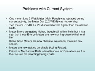 Problems with Current System One meter, Line 2 Watt Meter (Main Panel) was replaced during current activity, the Meter Dial ((L2 WEM) was not working.  Two meters L1 VIC, L2 VEM showed errors higher than the allowed limits. Meter Errors are getting higher, though still within limits but it is a sign that these Energy Meters are now coming close to their end life. Since these Meters are now obsolete, we cannot maintain any spares.  Meters are now getting unreliable (Aging Factor). Failure of Mechanical Dials is troublesome for Operations as it is their source for recording Energy Data. 