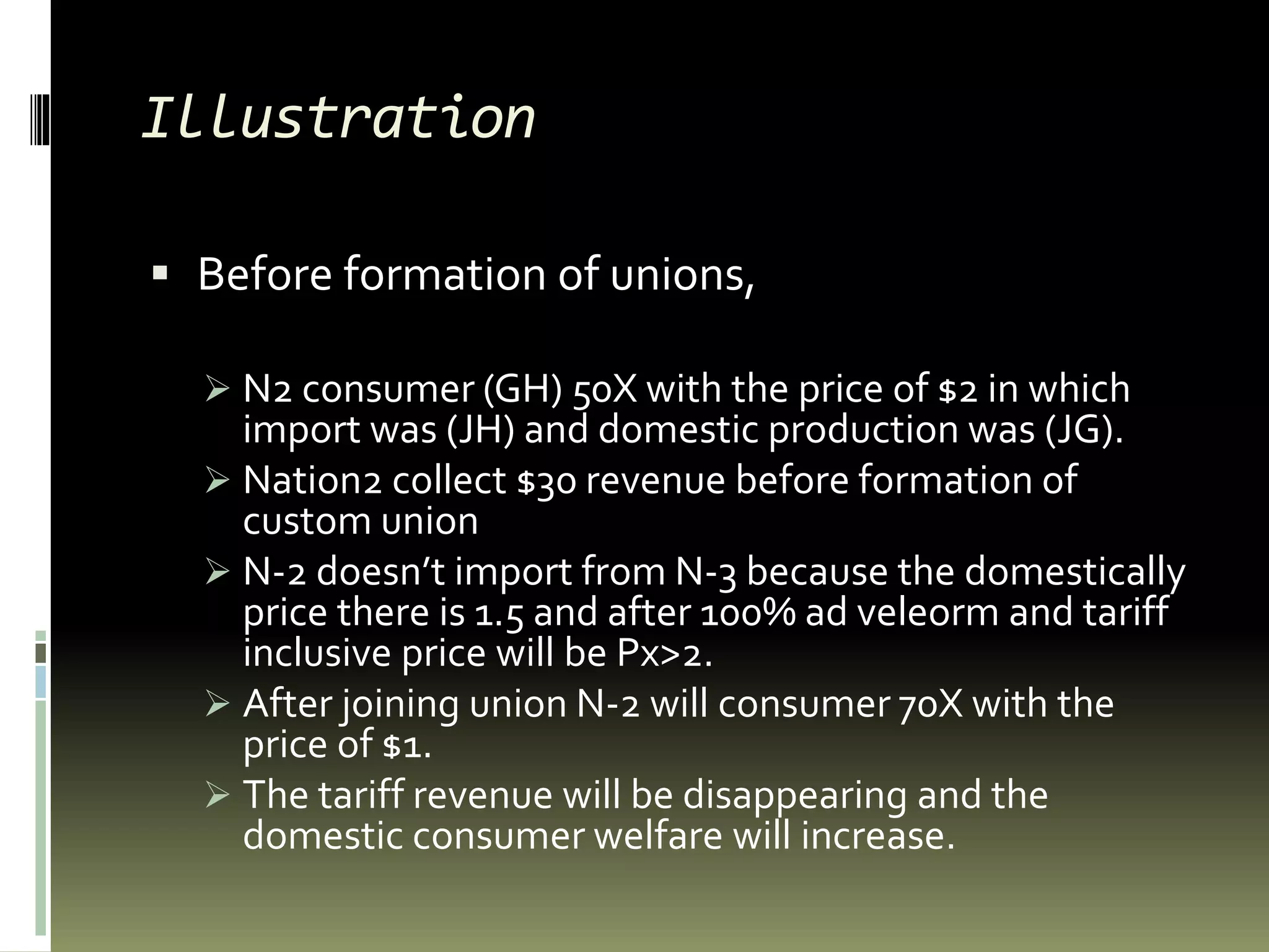 Illustration
 Before formation of unions,
 N2 consumer (GH) 50X with the price of $2 in which
import was (JH) and domestic production was (JG).
 Nation2 collect $30 revenue before formation of
custom union
 N-2 doesn’t import from N-3 because the domestically
price there is 1.5 and after 100% ad veleorm and tariff
inclusive price will be Px>2.
 After joining union N-2 will consumer 70X with the
price of $1.
 The tariff revenue will be disappearing and the
domestic consumer welfare will increase.
 