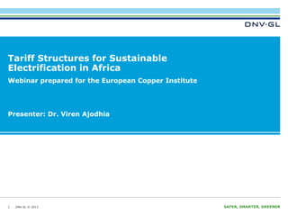 DNV GL © 2013 SAFER, SMARTER, GREENERDNV GL © 2013
Tariff Structures for Sustainable
Electrification in Africa
1
Webinar prepared for the European Copper Institute
Presenter: Dr. Viren Ajodhia
 