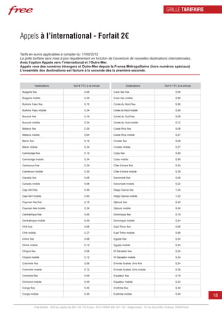 GRILLE TARIFAIRE




Appels à l’international - Forfait 2€

Tarifs en euros applicables à compter du 17/09/2012
La grille tarifaire sera mise à jour régulièrement en fonction de l’ouverture de nouvelles destinations internationales.
Avec l’option Appels vers l’international et l’Outre-Mer.
Appels vers des numéros étrangers et Outre-Mer depuis la France Métropolitaine (hors numéros spéciaux)
L’ensemble des destinations est facturé à la seconde dès la première seconde.



              Destinations                     Tarif € TTC à la minute                      Destinations                   Tarif € TTC à la minute

 Bulgarie fixe                                          0,08                    Cook Iles fixe                                       0,99

 Bulgarie mobile                                        0,49                    Cook Iles mobile                                     0,99

 Burkina Faso fixe                                      0,19                    Corée du Nord fixe                                   0,99

 Burkina Faso mobile                                    0,34                    Corée du Nord mobile                                 0,99

 Burundi fixe                                           0,19                    Corée du Sud fixe                                    0,08

 Burundi mobile                                         0,34                    Corée du Sud mobile                                  0,12

 Bélarus fixe                                           0,39                    Costa Rica fixe                                      0,08

 Bélarus mobile                                         0,64                    Costa Rica mobile                                    0,27

 Bénin fixe                                             0,19                    Croatie fixe                                         0,08

 Bénin mobile                                           0,34                    Croatie mobile                                       0,27

 Cambodge fixe                                          0,19                    Cuba fixe                                            0,99

 Cambodge mobile                                        0,34                    Cuba mobile                                          0,99

 Cameroun fixe                                          0,24                    Côte d’Ivoire fixe                                   0,34

 Cameroun mobile                                        0,39                    Côte d’Ivoire mobile                                 0,39

 Canada fixe                                            0,08                    Danemark fixe                                        0,08

 Canada mobile                                          0,08                    Danemark mobile                                      0,22

 Cap-Vert fixe                                          0,49                    Diego Garcia fixe                                    1,20

 Cap-Vert mobile                                        0,49                    Diego Garcia mobile                                  1,20

 Cayman Iles fixe                                       0,19                    Djibouti fixe                                        0,49

 Cayman Iles mobile                                     0,34                    Djibouti mobile                                      0,49

 Centrafrique fixe                                      0,49                    Dominique fixe                                       0,19

 Centrafrique mobile                                    0,49                    Dominique mobile                                     0,34

 Chili fixe                                             0,08                    East Timor fixe                                      0,99

 Chili mobile                                           0,27                    East Timor mobile                                    0,99

 Chine fixe                                             0,08                    Egypte fixe                                          0,24

 Chine mobile                                           0,12                    Egypte mobile                                        0,34

 Chypre fixe                                            0,08                    El Salvador fixe                                     0,24

 Chypre mobile                                          0,12                    El Salvador mobile                                   0,34

 Colombie fixe                                          0,08                    Emirats Arabes Unis fixe                             0,24

 Colombie mobile                                        0,12                    Emirats Arabes Unis mobile                           0,39

 Comores fixe                                           0,49                    Equateur fixe                                        0,19

 Comores mobile                                         0,49                    Equateur mobile                                      0,34

 Congo fixe                                             0,49                    Erythrée fixe                                        0,49

 Congo mobile                                           0,49                    Erythrée mobile                                      0,49
                                                                                                                                                     18

              Free Mobile - SAS au capital de 365.138.779 Euros - RCS PARIS 499 247 138 - Siège social : 16 rue de la Ville l’Evêque 75008 Paris
 