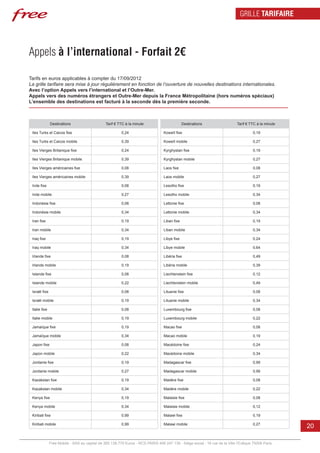 GRILLE TARIFAIRE




Appels à l’international - Forfait 2€

Tarifs en euros applicables à compter du 17/09/2012
La grille tarifaire sera mise à jour régulièrement en fonction de l’ouverture de nouvelles destinations internationales.
Avec l’option Appels vers l’international et l’Outre-Mer.
Appels vers des numéros étrangers et Outre-Mer depuis la France Métropolitaine (hors numéros spéciaux)
L’ensemble des destinations est facturé à la seconde dès la première seconde.



               Destinations                     Tarif € TTC à la minute                       Destinations                  Tarif € TTC à la minute

 Iles Turks et Caicos fixe                               0,24                    Koweït fixe                                          0,19

 Iles Turks et Caicos mobile                             0,39                    Koweït mobile                                        0,27

 Iles Vierges Britanique fixe                            0,24                    Kyrghystan fixe                                      0,19

 Iles Vierges Britanique mobile                          0,39                    Kyrghystan mobile                                    0,27

 Iles Vierges américaines fixe                           0,08                    Laos fixe                                            0,08

 Iles Vierges américaines mobile                         0,39                    Laos mobile                                          0,27

 Inde fixe                                               0,08                    Lesotho fixe                                         0,19

 Inde mobile                                             0,27                    Lesotho mobile                                       0,34

 Indonésie fixe                                          0,08                    Lettonie fixe                                        0,08

 Indonésie mobile                                        0,34                    Lettonie mobile                                      0,34

 Iran fixe                                               0,19                    Liban fixe                                           0,19

 Iran mobile                                             0,34                    Liban mobile                                         0,34

 Iraq fixe                                               0,19                    Libye fixe                                           0,24

 Iraq mobile                                             0,34                    Libye mobile                                         0,64

 Irlande fixe                                            0,08                    Libéria fixe                                         0,49

 Irlande mobile                                          0,19                    Libéria mobile                                       0,39

 Islande fixe                                            0,08                    Liechtenstein fixe                                   0,12

 Islande mobile                                          0,22                    Liechtenstein mobile                                 0,49

 Israël fixe                                             0,08                    Lituanie fixe                                        0,08

 Israël mobile                                           0,19                    Lituanie mobile                                      0,34

 Italie fixe                                             0,08                    Luxembourg fixe                                      0,08

 Italie mobile                                           0,19                    Luxembourg mobile                                    0,22

 Jamaïque fixe                                           0,19                    Macao fixe                                           0,08

 Jamaïque mobile                                         0,34                    Macao mobile                                         0,19

 Japon fixe                                              0,08                    Macédoine fixe                                       0,24

 Japon mobile                                            0,22                    Macédoine mobile                                     0,34

 Jordanie fixe                                           0,19                    Madagascar fixe                                      0,99

 Jordanie mobile                                         0,27                    Madagascar mobile                                    0,99

 Kazakstan fixe                                          0,19                    Madère fixe                                          0,08

 Kazakstan mobile                                        0,34                    Madère mobile                                        0,22

 Kenya fixe                                              0,19                    Malaisie fixe                                        0,08

 Kenya mobile                                            0,34                    Malaisie mobile                                      0,12

 Kiribati fixe                                           0,99                    Malawi fixe                                          0,19

 Kiribati mobile                                         0,99                    Malawi mobile                                        0,27
                                                                                                                                                      20

               Free Mobile - SAS au capital de 365.138.779 Euros - RCS PARIS 499 247 138 - Siège social : 16 rue de la Ville l’Evêque 75008 Paris
 