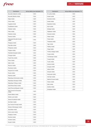 GRILLE TARIFAIRE


          Destinations              Tarif par MMS et par destinataire TTC                 Destinations              Tarif par MMS et par destinataire TTC

Nouvelle-Calédonie mobile                          1,00 €                       Sri Lanka mobile                                   1,00 €

Nouvelle-Zélande mobile                            1,00 €                       Suisse mobile                                      1,00 €

Népal mobile                                       1,00 €                       Suriname mobile                                    1,00 €

Oman mobile                                        1,00 €                       Suède mobile                                       1,00 €

Ouganda mobile                                     1,00 €                       Swaziland mobile                                   1,00 €

Ouzbékistan mobile                                 1,00 €                       Syrie mobile                                       1,00 €

Pakistan mobile                                    1,00 €                       Sénégal mobile                                     1,00 €

Palau mobile                                       1,00 €                       Tadjikistan mobile                                 1,00 €

Palestine mobile                                   1,00 €                       Tanzanie mobile                                    1,00 €

Panama mobile                                      1,00 €                       Taïwan mobile                                      1,00 €

Papouasie-Nouvelle Guinée                                                       Tchad mobile                                       1,00 €
                                                   1,00 €
mobile
                                                                                Thaïlande mobile                                   1,00 €
Paraguay mobile                                    1,00 €
                                                                                Togo mobile                                        1,00 €
Pays-Bas mobile                                    1,00 €
                                                                                Tokélau mobile                                     1,00 €
Philippines mobile                                 1,00 €
                                                                                Tonga mobile                                       1,00 €
Pologne mobile                                     1,00 €
                                                                                Trinité et Tobago mobile                           1,00 €
Polynésie française mobile                         1,00 €
                                                                                Tunisie mobile                                     1,00 €
Portugal mobile                                    1,00 €
                                                                                Turkménistan mobile                                1,00 €
Puerto Rico mobile                                 1,00 €
                                                                                Turquie mobile                                     1,00 €
Pérou mobile                                       1,00 €
                                                                                Tuvalu mobile                                      1,00 €
Qatar mobile                                       1,00 €
                                                                                Ukraine mobile                                     1,00 €
Reunion mobile                                     1,00 €
                                                                                Uruguay mobile                                     1,00 €
Roumanie mobile                                    1,00 €
                                                                                Vatican mobile                                     1,00 €
Royaume-Uni mobile                                 1,00 €
                                                                                Vanuatu mobile                                     1,00 €
Russie mobile                                      1,00 €
                                                                                Venezuela mobile                                   1,00 €
Rwanda mobile                                      1,00 €
                                                                                Viet Nam mobile                                    1,00 €
République Dominicaine mobile                      1,00 €
                                                                                Wallis-et-Futuna mobile                            1,00 €
République Slovaque mobile                         1,00 €
                                                                                Yémen mobile                                       1,00 €
République Tchèque mobile                          1,00 €
                                                                                Zaire mobile                                       1,00 €
Saint-Kitts-et-Nevis mobile                        1,00 €
                                                                                Zambie mobile                                      1,00 €
Saint-Pierre-et-Miquelon mobile                    1,00 €
                                                                                Zimbabwe mobile                                    1,00 €
Saint-Vincent-et-Grenadine
                                                   1,00 €
mobile

Sainte-Hélène mobile                               1,00 €

Sainte-Lucie mobile                                1,00 €

Samoa-Occidental mobile                            1,00 €

San Marin mobile                                   1,00 €

Sao Tomé-et-Principe mobile                        1,00 €

Serbie et Montenegro mobile                        1,00 €

Seychelles mobile                                  1,00 €

Sierra Leone mobile                                1,00 €

Singapour mobile                                   1,00 €

Slovénie mobile                                    1,00 €

Somalie mobile                                     1,00 €

Soudan mobile                                      1,00 €
                                                                                                                                                            39

            Free Mobile - SAS au capital de 365.138.779 Euros - RCS PARIS 499 247 138 - Siège social : 16 rue de la Ville l’Evêque 75008 Paris
 