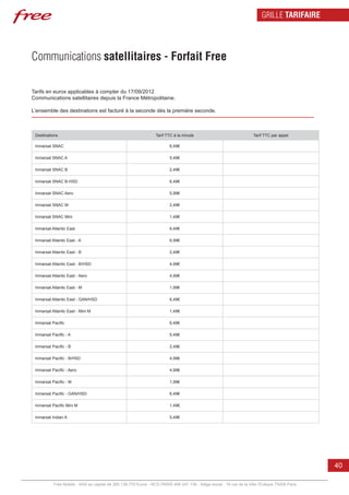 GRILLE TARIFAIRE




Communications satellitaires - Forfait Free

Tarifs en euros applicables à compter du 17/09/2012
Communications satellitaires depuis la France Métropolitaine.

L’ensemble des destinations est facturé à la seconde dès la première seconde.



 Destinations                                                    Tarif TTC à la minute                               Tarif TTC par appel

 Inmarsat SNAC                                                           6,49€

 Inmarsat SNAC A                                                         5,49€

 Inmarsat SNAC B                                                         2,49€

 Inmarsat SNAC B-HSD                                                     6,49€

 Inmarsat SNAC Aero                                                      5,99€

 Inmarsat SNAC M                                                         2,49€

 Inmarsat SNAC Mini                                                      1,49€

 Inmarsat Atlantic East                                                  6,49€

 Inmarsat Atlantic East - A                                              6,99€

 Inmarsat Atlantic East - B                                              2,49€

 Inmarsat Atlantic East - B/HSD                                          4,99€

 Inmarsat Atlantic East - Aero                                           4,99€

 Inmarsat Atlantic East - M                                              1,99€

 Inmarsat Atlantic East - GAN/HSD                                        6,49€

 Inmarsat Atlantic East - Mini M                                         1,49€

 Inmarsat Pacific                                                        6,49€

 Inmarsat Pacific - A                                                    5,49€

 Inmarsat Pacific - B                                                    2,49€

 Inmarsat Pacific - B/HSD                                                4,99€

 Inmarsat Pacific - Aero                                                 4,99€

 Inmarsat Pacific - M                                                    1,99€

 Inmarsat Pacific - GAN/HSD                                              6,49€

 Inmarsat Pacific Mini M                                                 1,49€

 Inmarsat Indian A                                                       5,49€




                                                                                                                                                40

           Free Mobile - SAS au capital de 365.138.779 Euros - RCS PARIS 499 247 138 - Siège social : 16 rue de la Ville l’Evêque 75008 Paris
 