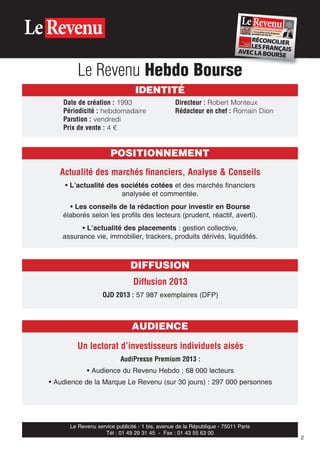 Le Revenu Hebdo Bourse
IDENTITÉ
Date de création : 1993
Périodicité : hebdomadaire
Parution : vendredi
Prix de vente : 4 €

Directeur : Robert Monteux
Rédacteur en chef : Romain Dion

POSITIONNEMENT
Actualité des marchés ﬁnanciers, Analyse & Conseils
• L’actualité des sociétés cotées et des marchés financiers
analysée et commentée.
• Les conseils de la rédaction pour investir en Bourse
élaborés selon les profils des lecteurs (prudent, réactif, averti).
• L’actualité des placements : gestion collective,
assurance vie, immobilier, trackers, produits dérivés, liquidités.

DIFFUSION
Diffusion 2013
OJD 2013 : 57 987 exemplaires (DFP)

AUDIENCE
Un lectorat d’investisseurs individuels aisés
AudiPresse Premium 2013 :
• Audience du Revenu Hebdo : 68 000 lecteurs
• Audience de la Marque Le Revenu (sur 30 jours) : 297 000 personnes

Le Revenu service publicité - 1 bis, avenue de la République - 75011 Paris
Tél : 01 49 29 31 45 - Fax : 01 43 55 63 00

2

 