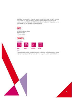 CIBLAGES
DEALS
#GLOBAL TERRITOIRE, la place de marché privée 100% locale et 100% éditoriale
pour acheter vos espaces premium en temps réel et optimiser vos campagnes.
Les inventaires du WEB66, du MOB66 et des Indés Radios sont disponibles sur les
SSP DoubleClick Ad Exchange et Smart AdServer.
L’ensemble des ciblages data ﬁrst party sont accessibles en programmatique web et
web mobile sur plus de 80 segments, dont des segments ad hoc exclusifs B to B.
CONTEXTES
DATA
NEWS SPORTS LIFESTYLE BTOB
• First look
• Programmatique garanti
• Preferred deal
• Private auction
24
 