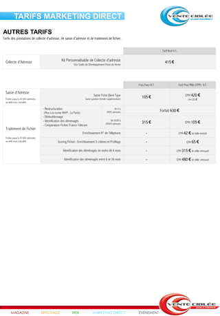 TARIFS MARKETING DIRECT
AUTRES TARIFS
Tarifs des prestations de collecte d'adresse, de saisie d'adresse et de traitement de fichier.


                                                                                                                                        Tarif Brut H.T.


  Collecte d'Adresse                                  Kit Personnalisable de Collecte d'adresse                                           415 €
                                                                  Voir Outils de Développement Point de Vente




                                                                                                                    Frais Fixes H.T.                      Coût Pour Mille (CPM) H.T.

  Saisie d'Adresse
                                                                                    Saisie Fiche Client Type                                                    CPM 420 €
  Fichier jusqu'à 20 000 adresses,                                          Saisie question fermée supplémentaire
                                                                                                                       105 €
                                                                                                                                                                  CPM 20 €
  au-delà nous consulter

                                      - Restructuration                                                  De 0 à
                                      (Mise à la norme RNVP - La Poste)                           3000 adresses                        Forfait 630 €
                                      - Dédoublonnage
                                      - Identification des déménagés                                 De 3000 à
                                                                                                                       315 €                                    CPM 105 €
                                                                                                 20000 adresses
                                      - Comparaison Fichier France Telecom
  Traitement de Fichier
                                                                          Enrichissement N° de Téléphone                   -                              CPM 42 € le mille enrichi
  Fichier jusqu'à 20 000 adresses,
  au-delà nous consulter                          Scoring Fichier : Enrichissement 5 critères et Profilage                 -                                     CPM 65   €
                                                          Identification des déménagés de moins de 6 mois                  -                          CPM 315 € le mille retrouvé

                                                          Identification des déménagés entre 6 et 36 mois                  -                          CPM 480 € le mille retrouvé




       MAGAZINE                      AFFICHAGE                   WEB               MARKETING DIRECT                 ÉVÉNEMENT
 