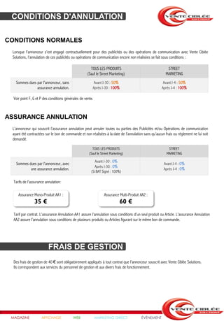 CONDITIONS D'ANNULATION

CONDITIONS NORMALES
 Lorsque l'annonceur s'est engagé contractuellement pour des publicités ou des opérations de communication avec Vente Ciblée
 Solutions, l'annulation de ces publicités ou opérations de communication encore non réalisées se fait sous conditions :

                                                       TOUS LES PRODUITS                                  STREET
                                                     (Sauf le Street Marketing)                          MARKETING

   Sommes dues par l'annonceur, sans                     Avant J-30 : 50%                               Avant J-4 : 50%
               assurance annulation.                    Après J-30 : 100%                              Après J-4 : 100%

  Voir point F, G et P des conditions générales de vente.



ASSURANCE ANNULATION
 L’annonceur qui souscrit l’assurance annulation peut annuler toutes ou parties des Publicités et/ou Opérations de communication
 ayant été contractées sur le bon de commande et non réalisées à la date de l’annulation sans qu’aucun frais ou règlement ne lui soit
 demandé.

                                                        TOUS LES PRODUITS                                  STREET
                                                      (Sauf le Street Marketing)                          MARKETING

                                                            Avant J-30 : 0%
   Sommes dues par l'annonceur, avec                                                                    Avant J-4 : 0%
                                                            Après J-30 : 0%
           une assurance annulation.                                                                    Après J-4 : 0%
                                                       (Si BAT Signé : 100%)

  Tarifs de l'assurance annulation:

     Assurance Mono-Produit AA1 :                                 Assurance Multi-Produit AA2 :
                35 €                                                          60 €
  Tarif par contrat. L’assurance Annulation AA1 assure l’annulation sous conditions d’un seul produit ou Article. L’assurance Annulation
  AA2 assure l’annulation sous conditions de plusieurs produits ou Articles figurant sur le même bon de commande.




                          FRAIS DE GESTION
  Des frais de gestion de 40 € sont obligatoirement appliqués à tout contrat que l'annonceur souscrit avec Vente Ciblée Solutions.
  Ils correspondent aux services du personnel de gestion et aux divers frais de fonctionnement.




 MAGAZINE            AFFICHAGE             WEB              MARKETING DIRECT              ÉVÉNEMENT
 