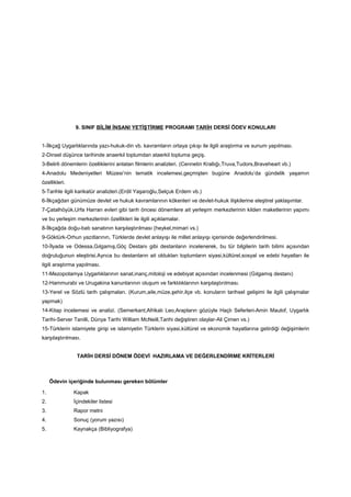 9. SINIF BİLİM İNSANI YETİŞTİRME PROGRAMI TARİH DERSİ ÖDEV KONULARI
1-İlkçağ Uygarlıklarında yazı-hukuk-din vb. kavramların ortaya çıkışı ile ilgili araştırma ve sunum yapılması.
2-Dinsel düşünce tarihinde anaerkil toplumdan ataerkil topluma geçiş.
3-Belirli dönemlerin özelliklerini anlatan filmlerin analizleri. (Cennetin Krallığı,Truva,Tudors,Braveheart vb.)
4-Anadolu Medeniyetleri Müzesi’nin tematik incelemesi,geçmişten bugüne Anadolu’da gündelik yaşamın
özellikleri.
5-Tarihle ilgili karikatür analizleri.(Erdil Yaşaroğlu,Selçuk Erdem vb.)
6-İlkçağdan günümüze devlet ve hukuk kavramlarının kökenleri ve devlet-hukuk ilişkilerine eleştirel yaklaşımlar.
7-Çatalhöyük,Urfa Harran evleri gibi tarih öncesi dönemlere ait yerleşim merkezlerinin kilden maketlerinin yapımı
ve bu yerleşim merkezlerinin özellikleri ile ilgili açıklamalar.
8-İlkçağda doğu-batı sanatının karşılaştırılması (heykel,mimari vs.)
9-Göktürk-Orhun yazıtlarının, Türklerde devlet anlayışı ile millet anlayışı içerisinde değerlendirilmesi.
10-İlyada ve Odessa,Gılgamış,Göç Destanı gibi destanların incelenerek, bu tür bilgilerin tarih bilimi açısından
doğruluğunun eleştirisi.Ayrıca bu destanların ait oldukları toplumların siyasi,kültürel,sosyal ve edebi hayatları ile
ilgili araştırma yapılması.
11-Mezopotamya Uygarlıklarının sanat,inanç,mitoloji ve edebiyat açısından incelenmesi (Gılgamış destanı)
12-Hammurabi ve Urugakina kanunlarının oluşum ve farklılıklarının karşılaştırılması.
13-Yerel ve Sözlü tarih çalışmaları. (Kurum,aile,müze,şehir,ilçe vb. konuların tarihsel gelişimi ile ilgili çalışmalar
yapmak)
14-Kitap incelemesi ve analizi. (Semerkant,Afrikalı Leo,Arapların gözüyle Haçlı Seferleri-Amin Maulof, Uygarlık
Tarihi-Server Tanilli, Dünya Tarihi William McNeill,Tarihi değiştiren olaylar-Ali Çimen vs.)
15-Türklerin islamiyete girişi ve islamiyetin Türklerin siyasi,kültürel ve ekonomik hayatlarına getirdiği değişimlerin
karşılaştırılması.
TARİH DERSİ DÖNEM ÖDEVİ HAZIRLAMA VE DEĞERLENDİRME KRİTERLERİ
Ödevin içeriğinde bulunması gereken bölümler
1. Kapak
2. İçindekiler listesi
3. Rapor metni
4. Sonuç (yorum yazısı)
5. Kaynakça (Bibliyografya)
 