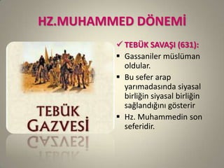 HZ.MUHAMMED DÖNEMİ
 TEBÜK SAVAŞI (631):
 Gassaniler müslüman
oldular.
 Bu sefer arap
yarımadasında siyasal
birliğin siyasal birliğin
sağlandığını gösterir
 Hz. Muhammedin son
seferidir.
 
