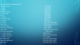 ENDÜLÜS EMEVÎ HÜKÜMDARLARI
I. Abdurrahman 138 (756)
I. Hişâm 172 (788)
I. Hakem 180 (796)
II. Abdurrahman 206 (822)
I. Muhammed 238 (852)
Münzir 273 (886)
Abdullah 275 (888)
III. Abdurrahman 300 (912)
II. Hakem 350 (961)
II. Hişâm 366-399 (976-1009)
ikinci defa 400-403 (1010-1013)
II. Muhammed 399 (1009)
Süleyman el-Müstaîn 399 (1009)
ikinci defa 403-407 (1013-1016)
Hammûdî hâkimiyeti 407 (1016)
IV. Abdurrahman 408 (1018)
Hammûdî hâkimiyet i 408-413 (1018-1022)
V. Abdurrahman 414 (1024)
III. Muhammed 414-416 (1024-1025)
Hammûdî hâkimiyeti 416-418 (1025-1027)
III. Hişâm 418-422 (1027-1031)
 