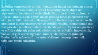 Endülüs cemiyetinde bir kişi, toplumun hangi kesiminden olursa
olsun, hânedana mahsus devlet başkanlığı hariç diğer üst
makamların hepsine yükselebilirdi. Bununla birlikte toplumda
“hassa, âmme, abîd, a‘yân” adları altında farklı zümrelerin var
olduğu da bilinmektedir. Hassayı Arap, Berberî veya mevâlî asıllı
aristokrat aileler oluşturuyor ve vezirlik, valilik, kumandanlık gibi
üst görevler genellikle onlara tevcih ediliyordu. A‘yânı zengin tüccar
ve çiftlik sahipleri; daha çok küçük ticaret, çiftçilik, hayvancılık,
balıkçılık gibi işlerle uğraşan âmmeyi de büyük çoğunluğu
Berberîler’le müvelledûn ve müsta‘riblere mensup olan halk
tabakası teşkil ediyordu.
 