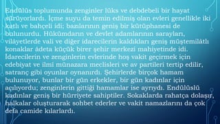 Endülüs toplumunda zenginler lüks ve debdebeli bir hayat
sürüyorlardı. İçme suyu da temin edilmiş olan evleri genellikle iki
katlı ve bahçeli idi; bazılarının geniş bir kütüphanesi de
bulunurdu. Hükümdarın ve devlet adamlarının sarayları,
vilâyetlerde vali ve diğer idarecilerin kaldıkları geniş müştemilâtlı
konaklar âdeta küçük birer şehir merkezi mahiyetinde idi.
İdarecilerin ve zenginlerin evlerinde hoş vakit geçirmek için
edebiyat ve ilmî münazara meclisleri ve av partileri tertip edilir,
satranç gibi oyunlar oynanırdı. Şehirlerde birçok hamam
bulunuyor, bunlar bir gün erkekler, bir gün kadınlar için
açılıyordu; zenginlerin gittiği hamamlar ise ayrıydı. Endülüslü
kadınlar geniş bir hürriyete sahiptiler. Sokaklarda rahatça dolaşır,
halkalar oluşturarak sohbet ederler ve vakit namazlarını da çok
defa camide kılarlardı.
 