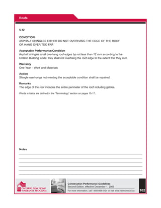 Roofs



5.12

CONDITION
ASPHALT SHINGLES EITHER DO NOT OVERHANG THE EDGE OF THE ROOF
OR HANG OVER TOO FAR

Acceptable Performance/Condition
Asphalt shingles shall overhang roof edges by not less than 12 mm according to the
Ontario Building Code; they shall not overhang the roof edge to the extent that they curl.

Warranty
One-Year – Work and Materials

Action
Shingle overhangs not meeting the acceptable condition shall be repaired.

Remarks
The edge of the roof includes the entire perimeter of the roof including gables.

Words in italics are defined in the “Terminology” section on pages 15-17.




Notes




                                              Construction Performance Guidelines
                                              Second Edition, effective December 1, 2003
                                              For more information, call 1-800-668-0124 or visit www.newhome.on.ca   102
 