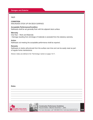Garages and Exterior



14.21

CONDITION
NAILHEADS STICK UP ON DECK SURFACE

Acceptable Performance/Condition
Nailheads shall be set generally flush with the adjacent deck surface.

Warranty
One-Year – Work and Materials
• Damage resulting from shrinkage of materials is excluded from the statutory warranty.

Action
Nailheads not meeting the acceptable performance shall be repaired.

Remarks
Nailheads on decks will protrude from the surface over time and can be easily reset as part
of regular home maintenance.

Words in italics are defined in the “Terminology” section on pages 15-17.




Notes




                                              Construction Performance Guidelines
                                              Second Edition, effective December 1, 2003
                                              For more information, call 1-800-668-0124 or visit www.newhome.on.ca   258
 