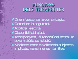 FUNCIONS  DELS TERAPEUTES  Dinamitzador de la comunicació. Garant de la seguretat. Acollida i escolta. Disponibilitat i ajust. Acompanyant, “cuidador” del nen/a i la seva història de relació. Mediador entre els diferents subjectes implicats: nens i nenes i famílies. 