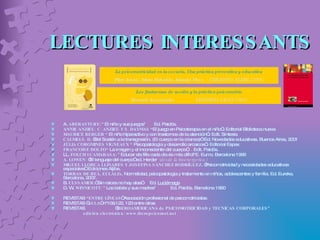 LECTURES INTERESSANTS A.  ABERASTURY : " El niño y sus juegos"  Ed. Paidós. ANNIE ANZIEU. C. ANZIEU Y S. DAYMAS “ El juego en Psicoterapia en el niño”.. Editorial Biblioteca nueva   MAURICE BERGER “  El niño hiperactivo y con trastornos de la atención”.. Edit. Síntesis CALMELS. D . “Del Sostén a la transgresión. (El cuerpo en la crianza)”. Ed. Novedades educativas. Buenos Aires, 2001 JÚLIA COROMINES VIGNEAUX “  Psicopatología y desarrollo arcaicos”.. Editorial Espax FRANCOISE DOLTO“  La imagen y el inconsciente del cuerpo”,   .  Edit. Paidós. LL.  FOLCH I CAMARASA : " Educar els fills cada dia és més difícil"E. Eumo. Barcelona 1995   A. LOWEN:  “El lenguaje del cuerpo” ed. Herder  (desde la bioenergetica ) MIGUEL LLORCA LLINARES Y JOSEFINA SÁNCHEZ RODRÍGUEZ .   “Psicomotricidad y necesidades educativas especiales”.   Ediciones Aljibe.  TORRAS DE BEÀ, EULÀLIA . Normalidad, psicopatologia y tratamiento en niños, adolescentes y familia. Ed. Eureka. Barcelona, 2007. B.  ULSSAMER: ” Sin raices no hay alas”  Ed.  Luciérnaga   D. W.  WINNICOTT:  " Los bebés y sus madres"  Ed. Paidós. Barcelona 1990   REVISTAS  “ENTRE LÍNEAS ” Asociación profesional de psicomotricistas REVISTAS “ AULA ” nº109,122, 123 entre otras REVISTAS “ IBEROAMERICANA de PSICOMOTRICIDAD y TECNICAS CORPORALES”  edición electrónica: www.iberopsicomot.net La psicomotricidad en la escuela. Una práctiva preventiva y educativa . Pilar Arnaiz, Marta Rabadán, Iolanda Vives  EDICIONES ALJIBE (2001) Los fantasmas de acción y la práctica psicomotriz. Bernard Aucouturier   EDITORIAL GRAÓ (2004) 