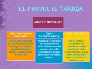 EL PROJECTE  TARIQA ÀMBITS D’ INTERVENCIÓ ÀMBIT PREVENTIU I EDUCATIU ÀMBIT PSICOPEDAGÒGIC ÀMBIT TERAPÈUTIC Adreçat a les institucions que treballen amb infants de 0 a 3 anys: llars d’infants, serveis d’assistència primària, educació infantil d’alt risc, etc. Adreçat als professionals de l’ensenyament i la sanitat. Assessoraments i formació, supervisió i dinamització de tasques pedagògiques en entitats escolars. Adreçat a infants i adolescents que necessiten una ajuda específica en el seu procés maduratiu, degut a diverses dificultats o trastorns. Treball amb la família i l’escola. 