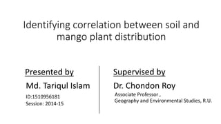 Identifying correlation between soil and
mango plant distribution
Presented by
Md. Tariqul Islam
ID:1510956181
Session: 2014-15
Supervised by
Dr. Chondon Roy
Associate Professor ,
Geography and Environmental Studies, R.U.
 