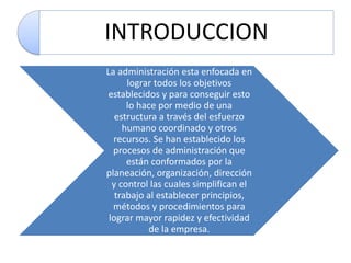 INTRODUCCION
La administración esta enfocada en
lograr todos los objetivos
establecidos y para conseguir esto
lo hace por medio de una
estructura a través del esfuerzo
humano coordinado y otros
recursos. Se han establecido los
procesos de administración que
están conformados por la
planeación, organización, dirección
y control las cuales simplifican el
trabajo al establecer principios,
métodos y procedimientos para
lograr mayor rapidez y efectividad
de la empresa.
 