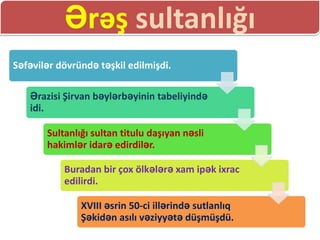 Ərəş sultanlığı
Səfəvilər dövründə təşkil edilmişdi.

   Ərazisi Şirvan bəylərbəyinin tabeliyində
   idi.

       Sultanlığı sultan titulu daşıyan nəsli
       hakimlər idarə edirdilər.

           Buradan bir çox ölkələrə xam ipək ixrac
           edilirdi.

               XVIII əsrin 50-ci illərində sutlanlıq
               Şəkidən asılı vəziyyətə düşmüşdü.
 