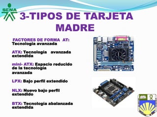 3-TIPOS DE TARJETA
MADRE
FACTORES DE FORMA AT:
Tecnología avanzada
ATX: Tecnología avanzada
extendida
mini- ATX: Espacio reducido
de la tecnología
avanzada
LPX: Bajo perfil extendido
NLX: Nuevo bajo perfil
extendido
BTX: Tecnología abalanzada
extendida
 