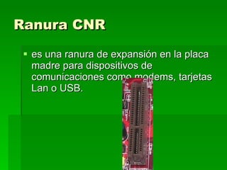 Ranura CNR es una ranura de expansión en la placa madre para dispositivos de comunicaciones como modems, tarjetas Lan o USB. 