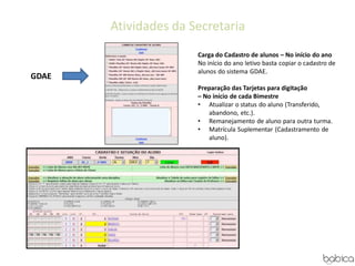 Atividades da Secretaria
GDAE
Carga do Cadastro de alunos – No início do ano
No início do ano letivo basta copiar o cadastro de
alunos do sistema GDAE.
Preparação das Tarjetas para digitação
– No início de cada Bimestre
• Atualizar o status do aluno (Transferido,
abandono, etc.).
• Remanejamento de aluno para outra turma.
• Matrícula Suplementar (Cadastramento de
aluno).
 