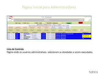 Página inicial para Administradores
Lista de Controle
Página onde os usuários administrativos selecionam as atividades a serem executadas.
 