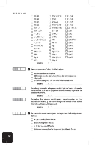 12
He 25
He 26
He 27
He 28
Rm 12
Rm 13, 14
1 Co 13
2 Co 5:11-21
2 Co 11:16-33;
12:1-10
Gl 5:16-26;
6:1-10
Ef 5:1-21
Ef 6
Fp 4
Cl 3
1Ts 4:13-18
1Ts 5
2Ts 2, 3
1Tm 4:6-16
1Tm 5:1-16;
6:11-21
2Tm 2
2Tm 3
Fm
Hb 11
Tg 1
Tg 3
Tg 5:7-20
1 Pe 1
1 Pe 5:1-11
2 Pe 3
1 Ju 2
1 Ju 3
1 Ju 4
1 Ju 5
Jd 1:17-25
Ap 1
Ap 2
Ap 3
Ap 7:9-17
Ap 12
Ap 13
Ap 14
Ap 19
Ap 20
Ap 21
REgistro
REgistro
REgistro
REgistro
Conversar en su Club o Unidad sobre:
En consulta con su consejero, escoger uno de los siguientes
temas:
Estudiar y entender a la persona del Espíritu Santo, cómo ella
se relaciona, cuál es su papel en el crecimiento espiritual de
cadaserhumano.
Describir los dones espirituales mencionados en los
escritos de Pablo, y para qué la iglesia recibe estos dones
(Corintios, Efesios, Filipenses).
4
5
a) Qué es el cristianismo
b) Cuáles son las características de un verdadero
discípulo
c) Qué hacer para ser un verdadero cristiano
a) Una parábola de Jesús
b) Un milagro de Jesús
c) El Sermón del Monte
d) Un sermón sobre la Segunda Venida de Cristo
 