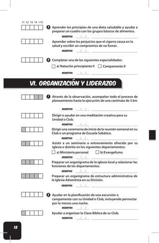 18
REgistro
REgistro
REgistro
REgistro
REgistro
REgistro
REgistro
REgistro
REgistro
REgistro
REgistro
Ayudar a organizar la Clase Bíblica de su Club.
Ayudar en la planiicación de una excursión o
campamento con su Unidad o Club, incluyendo pernoctar
por lo menos una noche.
Aprender los principios de una dieta saludable y ayudar a
preparar un cuadro con los grupos básicos de alimentos.
Através de la observación, acompañar todo el proceso de
planeamiento hasta la ejecución de una caminata de 5 km
Dirigir o ayudar en una meditación creativa para su
Unidad o Club.
Dirigir una ceremonia de inicio de la reunión semanal en su
Club o un programa de Escuela Sabática.
Preparar un organigrama de la iglesia local y relacionar las
funciones de los departamentos.
Preparar un organigrama de estructura administrativa de
la Iglesia Adventista en su División.
Asistir a un seminario o entrenamiento ofrecido por su
iglesia o distrito en los siguientes departamentos:
Completar una de las siguientes especialidades:
Aprender sobre los perjuicios que el cigarro causa en la
salud y escribir un compromiso de no fumar.
2
3
1
4
a) Natación principiante II Campamento II
vI. ORGANIZACIÓN Y LIDERAZGO
a) Ministerio personal b) Evangelismo
 