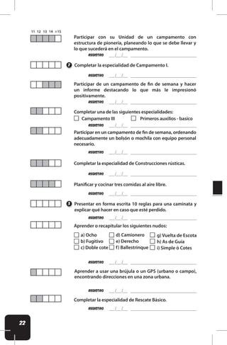 22
REgistro
REgistro
REgistro
REgistro
REgistro
REgistro
REgistro
REgistro
REgistro
REgistro
REgistro
Presentar en forma escrita 10 reglas para una caminata y
explicar qué hacer en caso que esté perdido.
Aprender a usar una brújula o un GPS (urbano o campo),
encontrando direcciones en una zona urbana.
Completar la especialidad de Campamento I.
Participar de un campamento de in de semana y hacer
un informe destacando lo que más le impresionó
positivamente.
Participar con su Unidad de un campamento con
estructura de pionería, planeando lo que se debe llevar y
lo que sucederá en el campamento.
Participar en un campamento de in de semana, ordenando
adecuadamente un bolsón o mochila con equipo personal
necesario.
Completar la especialidad de Construcciones rústicas.
Completar la especialidad de Rescate Básico.
Planiicar y cocinar tres comidas al aire libre.
3
2
Completar una de las siguientes especialidades:
Primeros auxilios - basico
Campamento III
Aprender o recapitular los siguientes nudos:
d) Camionero
e) Derecho
f) Ballestrinque
a) Ocho
b) Fugitivo
c) Doble cote
g) Vuelta de Escota
h) As de Guía
i) Simple ó Cotes
 