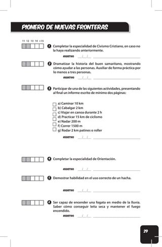 29
pionero de nUEvas fronteras
REgistro
Ser capaz de encender una fogata en medio de la lluvia.
Saber cómo conseguir leña seca y mantener el fuego
encendido.
6
REgistro
REgistro
REgistro
Completar la especialidad de Orientación.
Demostrar habilidad en el uso correcto de un hacha.
Participar de una de las siguientes actividades, presentando
al inal un informe escrito de mínimo dos páginas:
4
5
3
REgistro
Dramatizar la historia del buen samaritano, mostrando
cómo ayudar a las personas. Auxiliar de forma práctica por
lo menos a tres personas.
2
Completar la especialidad de Civismo Cristiano, en caso no
la haya realizando anteriormente.
1
REgistro
a) Caminar 10 km
b) Cabalgar 2 km
c) Viajar en canoa durante 2 h
d) Practicar 15 km de ciclismo
e) Nadar 200 m
f) Correr 1500 m
g) Rodar 2 km patines o roller
 