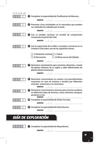 31
REgistro
REgistro
Demostrar conocimiento en cuanto a los procedimientos
necesarios en caso de lesiones o heridas por diferentes
animales venenosos y no venenosos.
Demostrar conocimiento y técnicas para recorrer senderos
en diferentes tipos de terrenos, como: desiertos, bosques,
pantanos y ríos.
8
9
REgistro
Demostrar conocimiento para encontrar alimentos, a través
de plantas silvestres de su región y saber diferenciarlas de
plantas tóxicas/venenosas.
7
REgistro
REgistro
REgistro
Con su Unidad, construir un mueble de campamento
incluyendo el portal del Club.
Con la supervisión de su líder o consejero, conversar en su
Unidad o Club sobre uno de los siguientes temas:
Presentar cinco actividades en la naturaleza que puedan
ser realizadas los sábados por la tarde.
5
6
4
REgistro
REgistro
REgistro
Completar la especialidad de Testiicación de Menores.
Completar la especialidad de Orden Cerrado.
Completar la especialidad de Vida Silvestre.
3
10
11
a) Modestia cristiana
b) Recreación
c) Salud
d) Observancia del Sábado
GUÍA DE EXPLORACIÓN
Completar la especialidad de Mayordomía.
1
REgistro
 