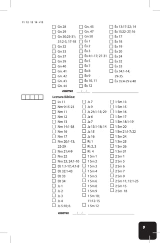 9
Gn 28
Gn 29
Gn 30:25-31;
31:2-3, 17-18
Gn 32
Gn 33
Gn 37
Gn 39
Gn 40
Gn. 41
Gn. 42
Gn. 43
Gn. 44
Gn. 45
Gn. 47
Gn 50
Êx 1
Êx 2
Êx 3
Êx 4:1-17; 27-31
Êx 5
Êx 7
Êx 8
Êx 9
Êx 10, 11
Êx 12
Êx 13:17-22; 14
Êx 15:22- 27; 16
Êx 17
Êx 18
Êx 19
Êx 20
Êx 24
Êx 32
Êx 33
Êx 34:1-14;
29-35
Êx 35:4-29 e 40
Lv 11
Nm 9:15-23
Nm 11
Nm 12
Nm 13
Nm 14:1-38
Nm 16
Nm 17
Nm 20:1-13;
22-29
Nm 21:4-9
Nm 22
Nm 23; 24:1-10
Dt 1:1-17; 4:1-8
Dt 32:1-43
Dt 33
Dt 34
Js 1
Js 2
Js 3
Js 4
Js 5:10; 6
Js 7
Js 9
Js 24:1-15; 29
Jz 6
Jz 7
Jz 13:1-18; 14
Jz 15
Jz 16
Rt 1
Rt 2, 3
Rt 4
1 Sm 1
1 Sm 2
1 Sm 3
1 Sm 4
1 Sm 5
1 Sm 6
1 Sm 8
1 Sm 9
1 Sm 10;
11:12-15
1 Sm 12
1 Sm 13
1 Sm 15
1 Sm 16
1 Sm 17
1 Sm 18:1-19
1 Sm 20
1 Sm 21:1-7; 22
1 Sm 24
1 Sm 25
1 Sm 26
1 Sm 31
2 Sm 1
2 Sm 5
2 Sm 6
2 Sm 7
2 Sm 9
2 Sm 11; 12:1-25
2 Sm 15
2 Sm 18
Lectura Bíblica:
REgistro
REgistro
 